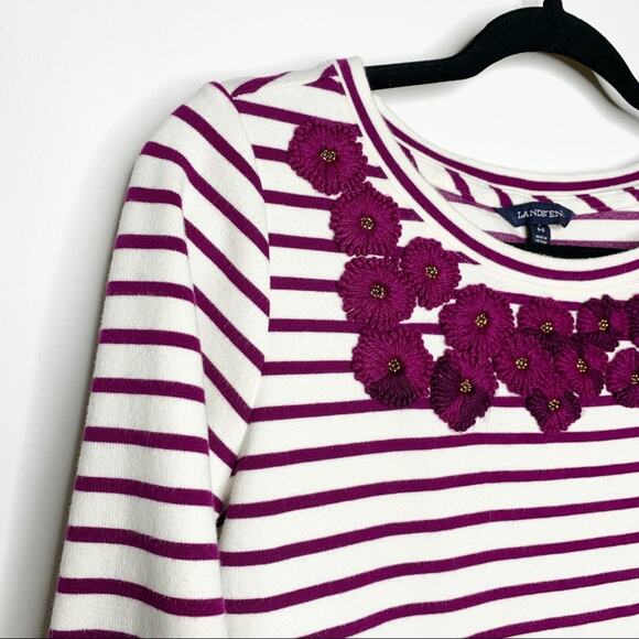 LAND'S END / purple white striped 3/4 sleeve embroidered floral top / S - Picture 3 of 7